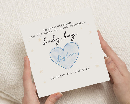 New Baby Boy Card, Personalised Baby Card, Baby Boy Congratulations Card, Birth of Baby Card, Custom Name Card, Blue Heart Card