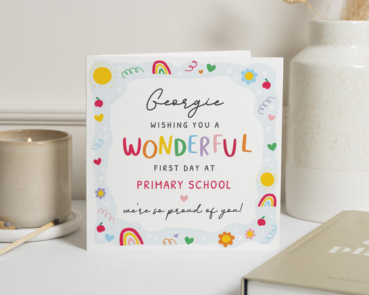 First Day At School Card, Primary School Card, Personalised Card For Girl, First Day Card For Daughter, Cute Rainbow Card, Good Luck Card