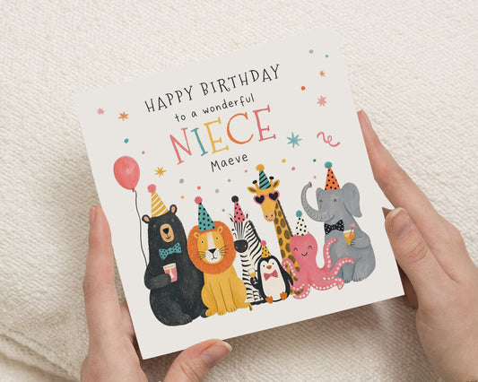 Birthday Card for Niece, Niece Birthday Card, Personalised Birthday Card for Girl, Safari Animal Birthday Card, Zoo Birthday Card for Kids