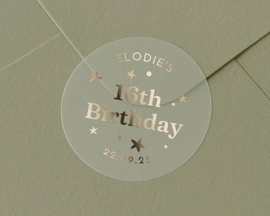 16th Birthday Sticker, Personalised Birthday Sticker, Birthday Envelope Seal, Gold Foil Birthday Label, Custom Name Birthday Sticker