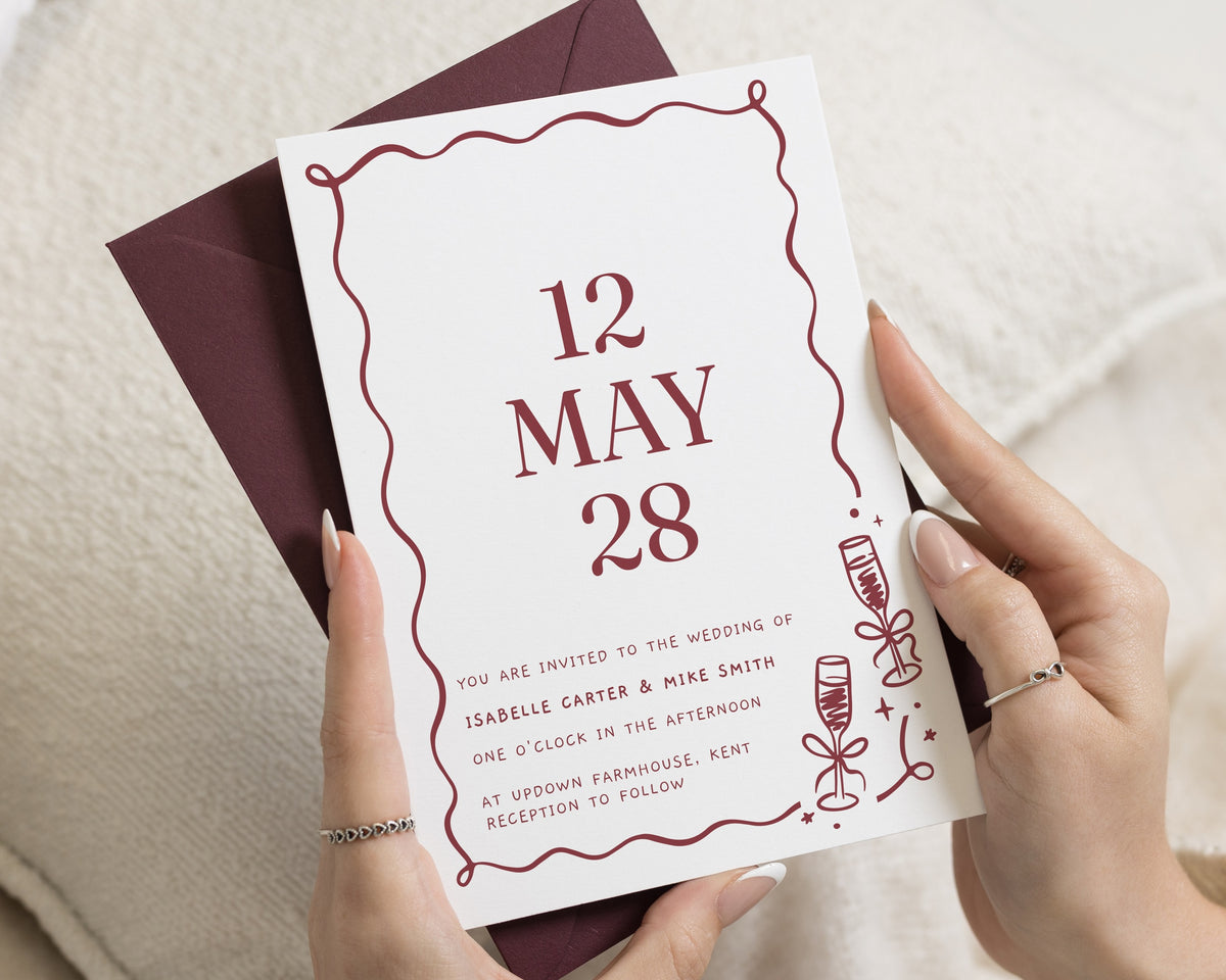Burgundy Wedding Invitations, Modern Minimalist Wedding Invite, Champagne Celebration Wedding Stationery, Personalised Invitation Suite