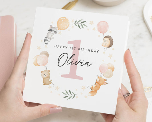 1st Birthday Card for Girl, Personalised Birthday Card, Animal Birthday Card, Birthday Card for Daughter, Cute First Birthday Card