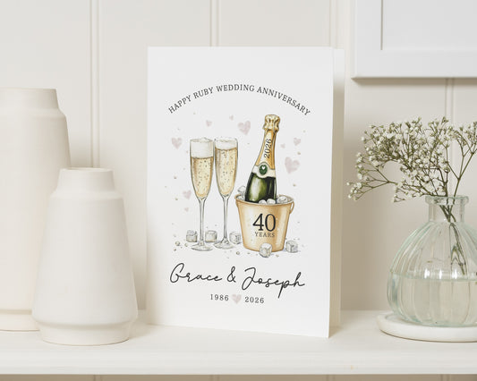 Ruby Wedding Anniversary Card, 40th Anniversary Card, Personalised Anniversary Card, Wedding Anniversary Card for Couple, Champagne Card