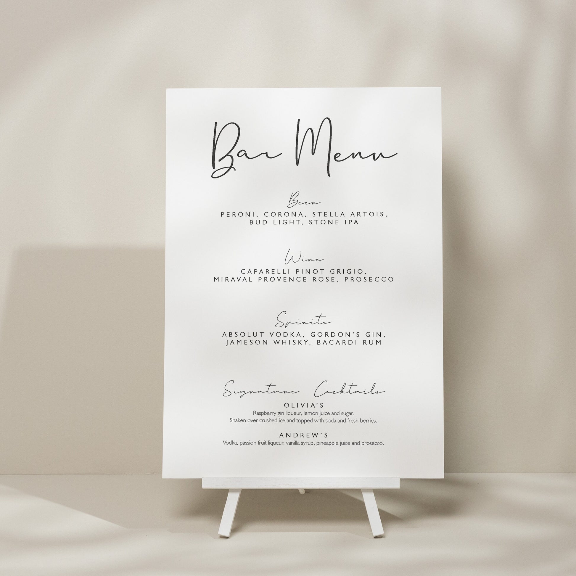 Elegant Simple Wedding Bar Menu Sign, Modern Wedding Sign, Minimalistic Wedding Drink Menu List Sign, Modern Wedding Stationery &#39;Olivia&#39;