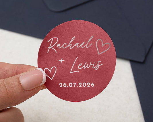 Personalised Wedding Sticker, Custom Name Wedding Label, Heart Foil Sticker, Wedding Envelope Seal, Red Silver Wedding Sticker