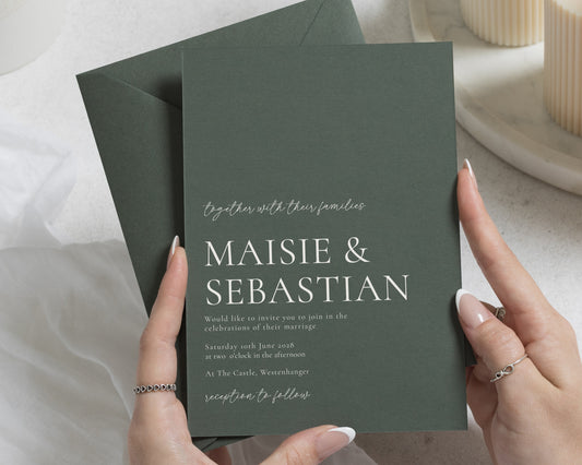 Olive Green Wedding Invitations, Minimalist Typography Wedding Invites, Elegant Custom Wedding Invitation Suite