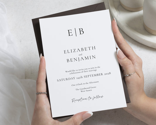 Minimalist Monogram Wedding Invitations, Elegant Black and White Wedding Invite, Simple Classic Wedding Stationery, Personalised Invite