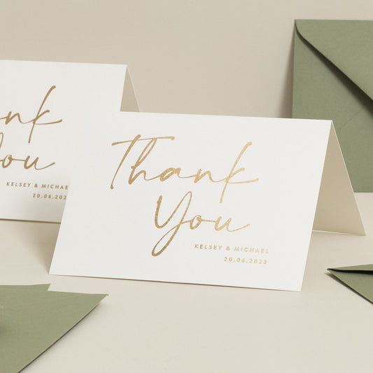 Gold Foil Wedding Thank You Card, Script Font Wedding Thank You Cards With Choice Of Envelopes, Blank Foiled Thank You Card &#39;Kelsey&#39;