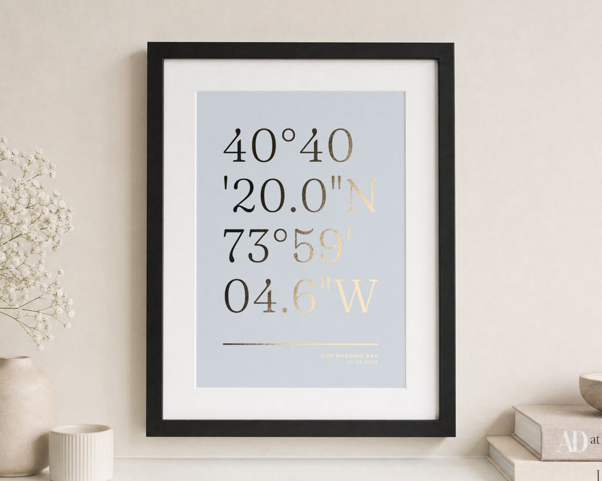 Personalised Gold Foil Coordinates Print, Light Blue Wedding Wall Art, Anniversary Gift, Gift for Couple, Wedding Keepsake