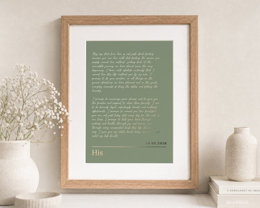 Personalised Gold Foil Wedding Vows Print, Sage Green Wall Art, His Vows, Anniversary Gift, Gift for Husband, Oak Framed Print