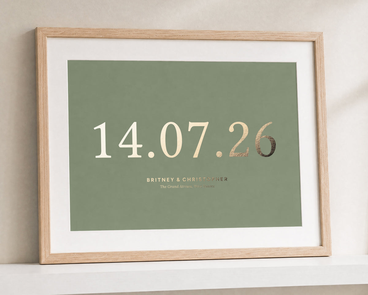 Personalised Gold Foil Wedding Date Print, Sage Green Wall Art, Gift for Couple, Anniversary Gift, Landscape Framed Print