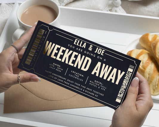 Personalised Weekend Away Gift Voucher, Holiday Reveal, Custom Ticket, Gold Foil, Gift For Couple, Anniversary Gift