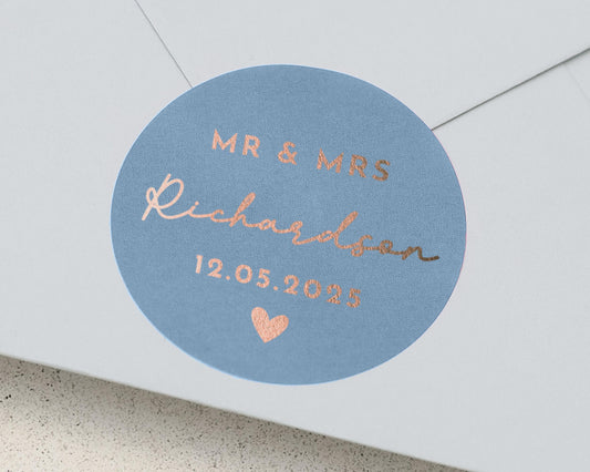 Wedding Envelope Seal, Personalised Wedding Sticker, Mr and Mrs Sticker, Custom Foil Wedding Label, Blue and Rose Gold Wedding Sticker