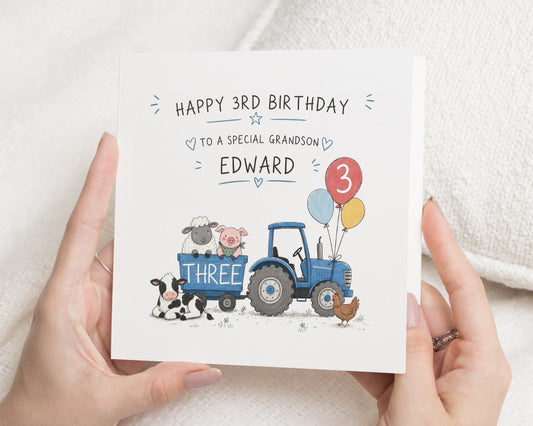 3rd Birthday Card for Grandson, Personalised Grandson Birthday Card, Tractor Birthday Card, 3 Year Old Birthday Card, Farm Animal Card