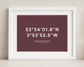 Personalised Coordinates Print, Burgundy Wall Art, Custom Location Print, Special Place Gift, New Home Gift, Landscape Print