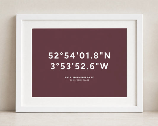 Personalised Coordinates Print, Burgundy Wall Art, Custom Location Print, Special Place Gift, New Home Gift, Landscape Print