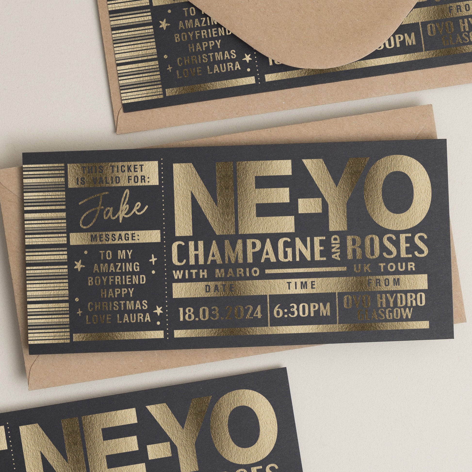 Personalised Gold Foil Gift Voucher, Ne-Yo Concert Gig Ticket Gift Voucher, Concert Ticket Gift, Scratch To Reveal, Gig Ticket