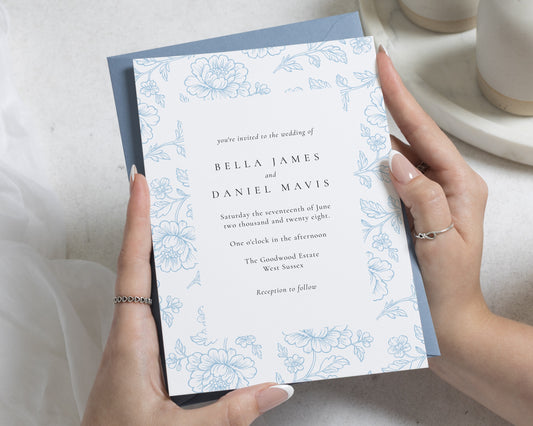 Dusty Blue Floral Wedding Invitations, Elegant Botanical Wedding Invites, Classic Garden Wedding Invitation Suite, Personalised Invites