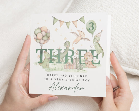3rd Birthday Card for Boy, Dinosaur Birthday Card, Personalised Birthday Card, Birthday Card for Son, Cute Birthday Card for Kids