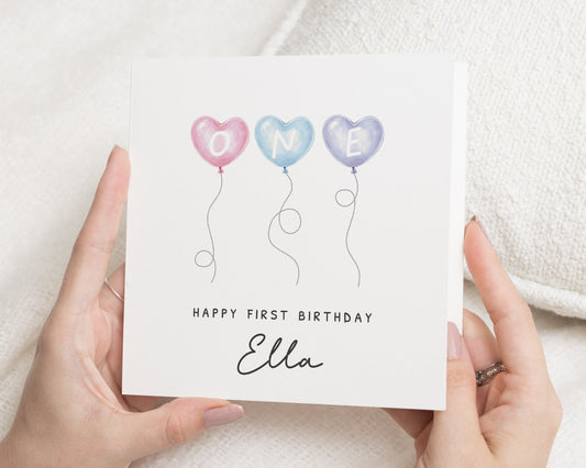 1st Birthday Card for Girl, First Birthday Card, Personalised Birthday Card, Custom Birthday Card for Daughter, Heart Balloon Card