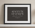 Personalised Coordinates Wedding Print, Black Wall Art, Wedding Gift for Couple, Anniversary Gift, Landscape Framed Print