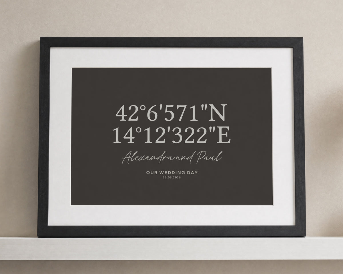 Personalised Coordinates Wedding Print, Black Wall Art, Wedding Gift for Couple, Anniversary Gift, Landscape Framed Print