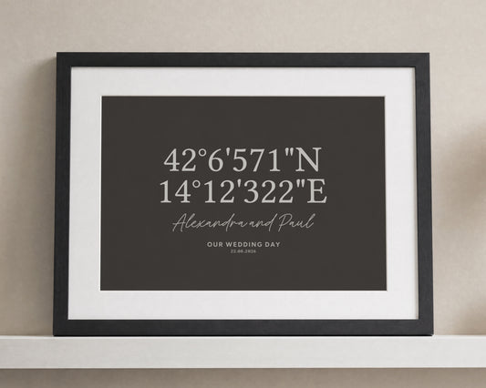Personalised Coordinates Wedding Print, Black Wall Art, Wedding Gift for Couple, Anniversary Gift, Landscape Framed Print
