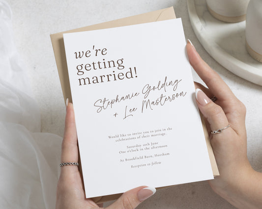 Minimalist Wedding Invitations, Elegant Typography Wedding Invite, Brown Calligraphy Invites, Simple Personalised Invitation Suite