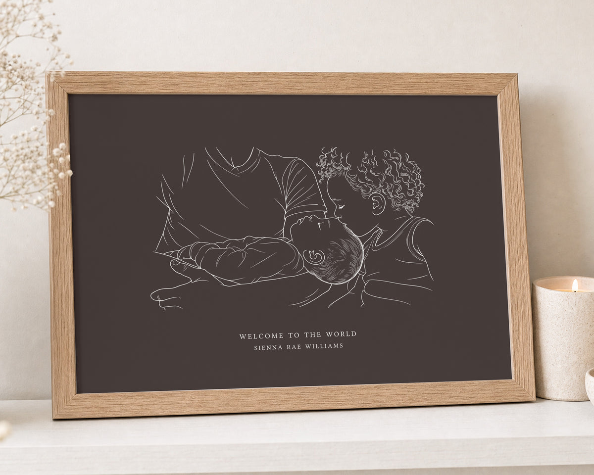 Personalised New Baby Line Art Print from Your Photo, Dark Brown Wall Art, Custom Family Portrait, New Baby Gift, Nursery Wall Art