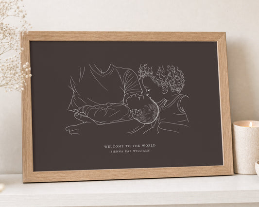 Personalised New Baby Line Art Print from Your Photo, Dark Brown Wall Art, Custom Family Portrait, New Baby Gift, Nursery Wall Art