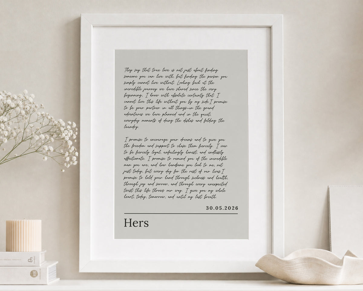 Personalised Wedding Vow Print, Grey Wall Art, Custom Love Letter, Anniversary Gift, Wedding Gift, Gift for Husband, Bedroom Wall Art