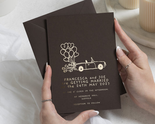 Chocolate Brown Gold Foil Wedding Invitations, Hand Drawn Car and Balloon Wedding Invites, Fun Personalised Wedding Invite