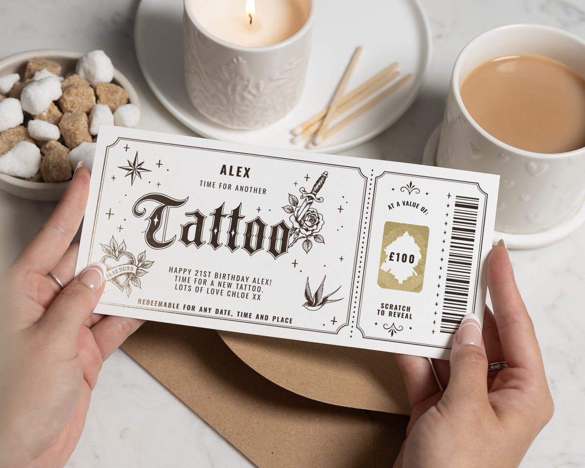 Personalised Tattoo Gift Voucher, Scratch to Reveal Birthday Gift, 21st Birthday Voucher, Tattoo Present for Him or Her
