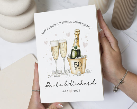 Golden Wedding Anniversary Card, 50th Wedding Anniversary Card, Personalised Anniversary Card, Anniversary Card for Couple, Champagne Card