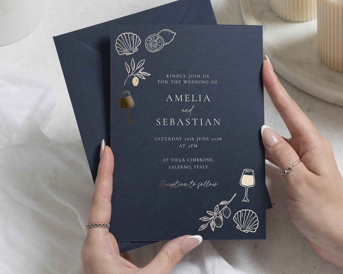 Gold Foil Wedding Invitations, Navy Blue Destination Wedding Invite, Italian Mediterranean Wedding Invitation, Personalised Wedding Invites