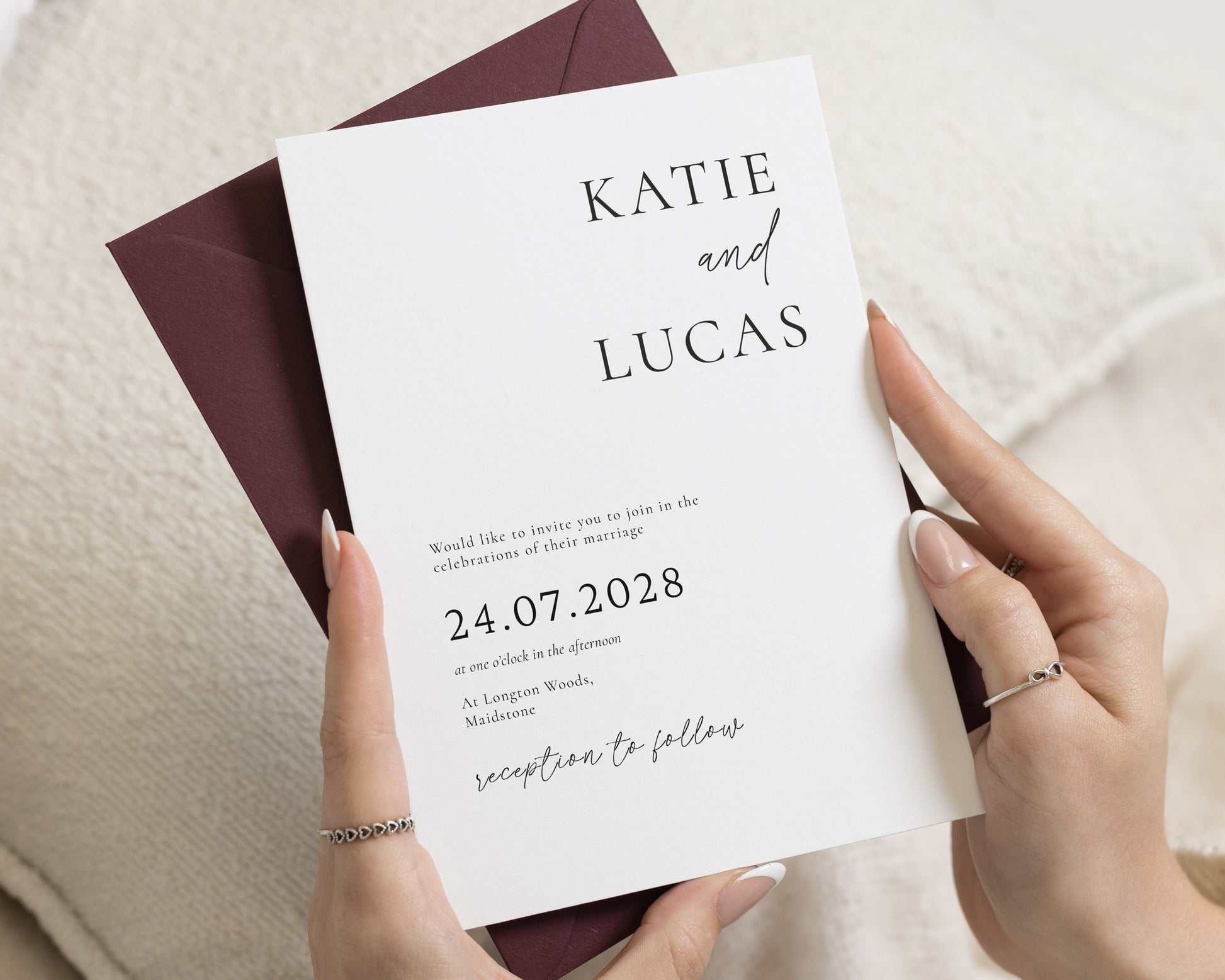 Minimalist Wedding Invitations, Elegant Typography Wedding Invite, Burgundy Envelope, Personalised Wedding Invitation Suite