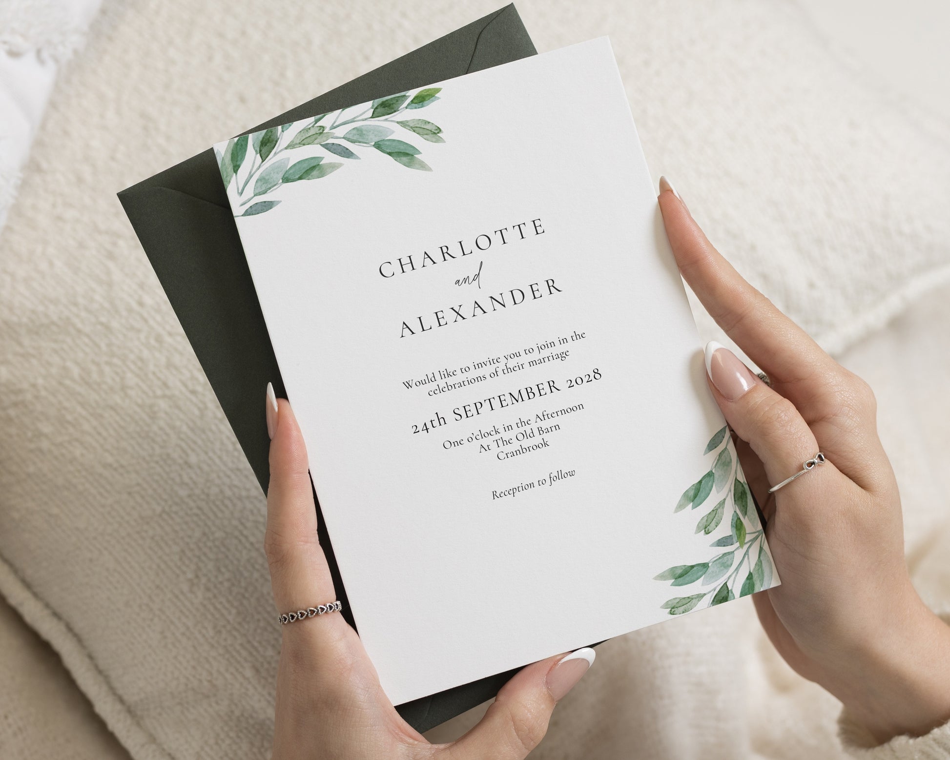 Greenery Wedding Invitations, Botanical Wedding Invite, Sage Green Watercolour Leaves, Personalised Flat Invitation Suite