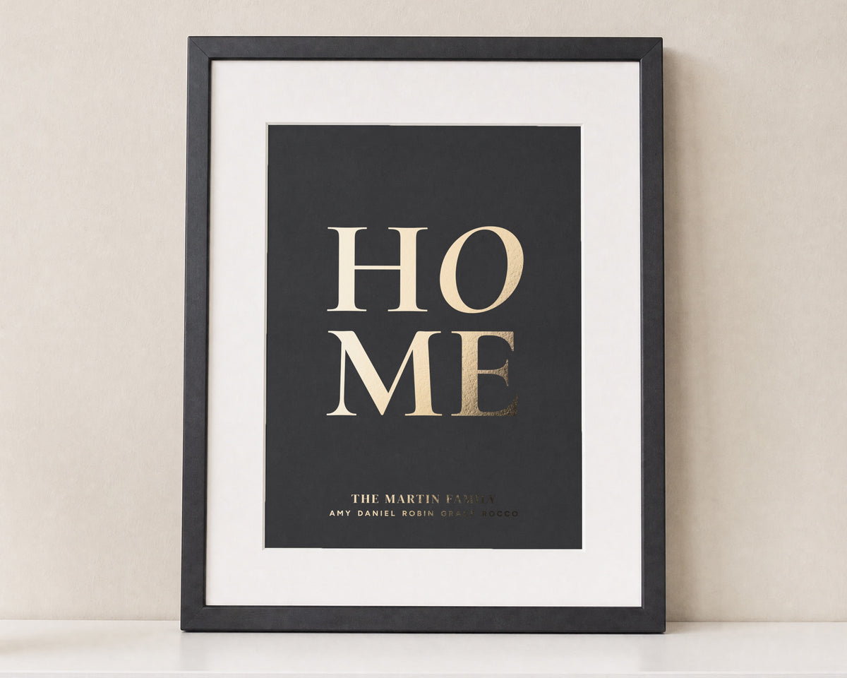 Personalised Gold Foil Family Print, Black Wall Art, Family Name Print, New Home Gift, House Warming Gift, Living Room Art
