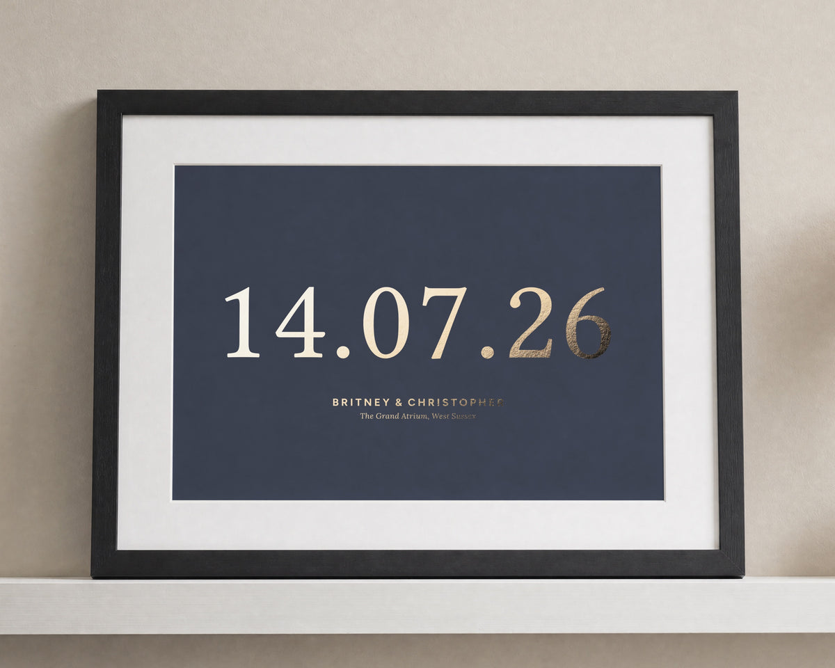 Personalised Gold Foil Wedding Date Print, Navy Blue Wall Art, Gift for Couple, Anniversary Gift, Landscape Framed Print
