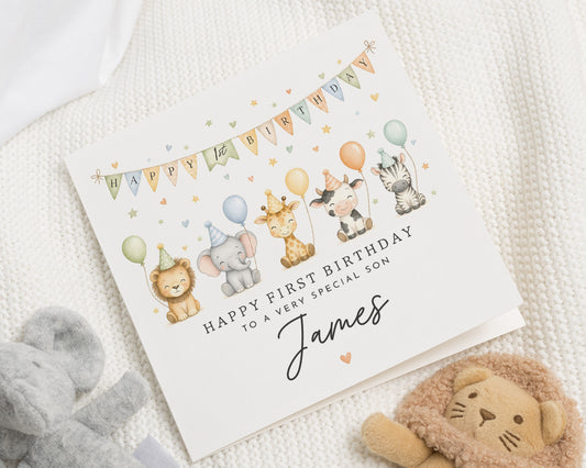 1st Birthday Card for Son, First Birthday Card, Personalised Birthday Card for Boy, Safari Birthday Card, Jungle Animal Birthday Card