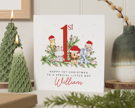 1st Christmas Card for Boy, Personalised First Christmas Card, Baby Boy Christmas Card, Animal Christmas Card, Custom Name Card