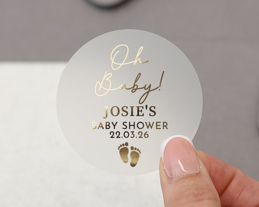 Oh Baby Baby Shower Sticker, Personalised Baby Shower Label, Gold Foil Baby Shower Decoration, Custom Baby Shower Sticker