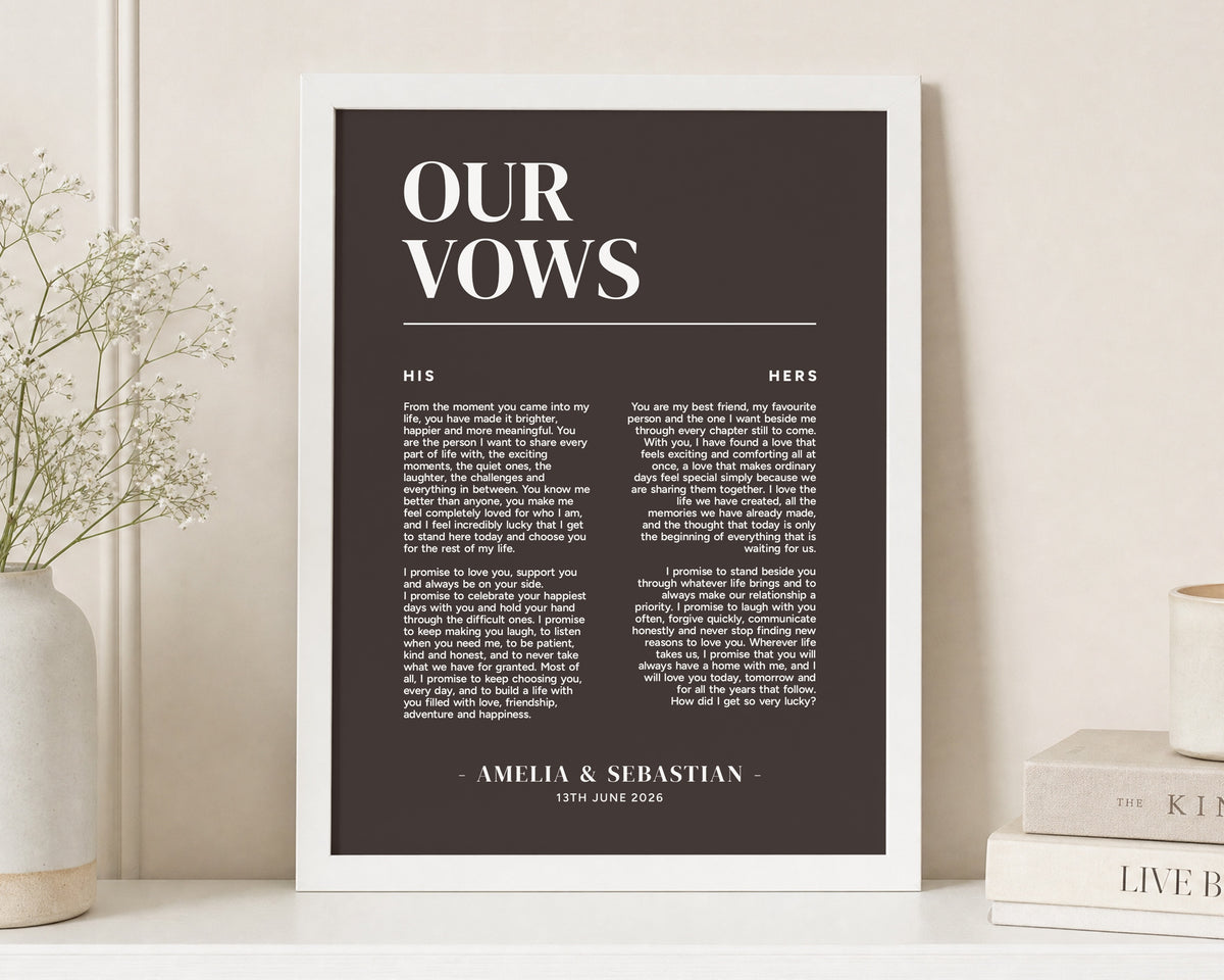 Personalised Wedding Vows Print, Brown Wall Art, Custom Couple Vow Keepsake, Wedding Gift, Anniversary Gift, White Framed Print