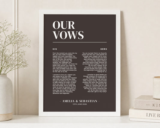 Personalised Wedding Vows Print, Brown Wall Art, Custom Couple Vow Keepsake, Wedding Gift, Anniversary Gift, White Framed Print