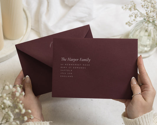 Burgundy Envelopes with White Ink Address Printing, C6, 5x7 or C5 Merlot Wedding Invitation Envelopes (Bramble)