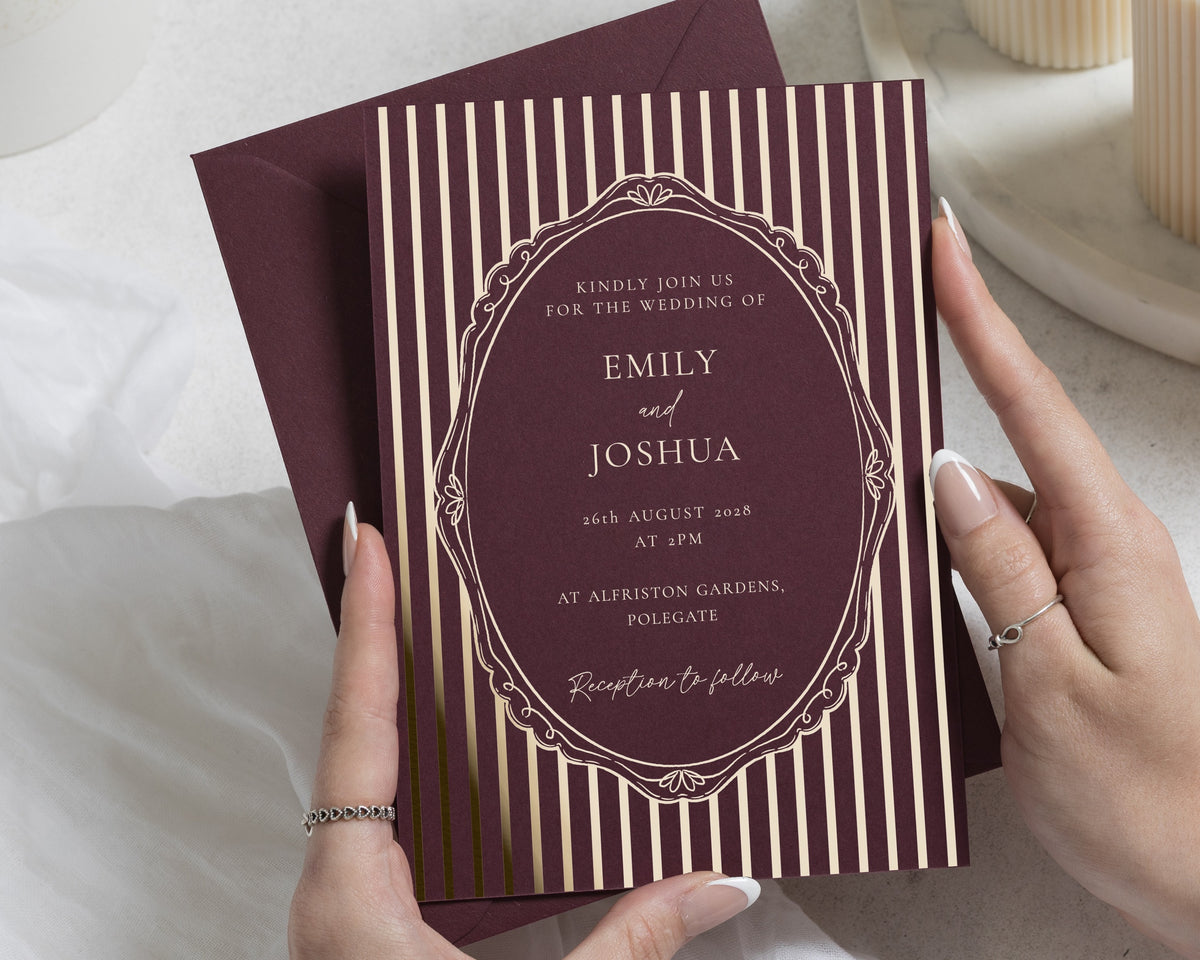 Gold Foil Wedding Invitations, Burgundy Art Deco Wedding Invite, Elegant Vintage Invitation, Personalised Wedding Stationery