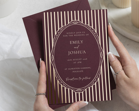 Gold Foil Wedding Invitations, Burgundy Art Deco Wedding Invite, Elegant Vintage Invitation, Personalised Wedding Stationery