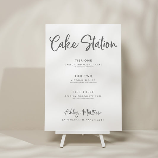 Script Cake Menu Wedding Sign, Minimalistic Wedding Signage, Modern Cake Flavour Sign, Simple Wedding Sign, Cake Station Sign &#39;Ashley&#39;