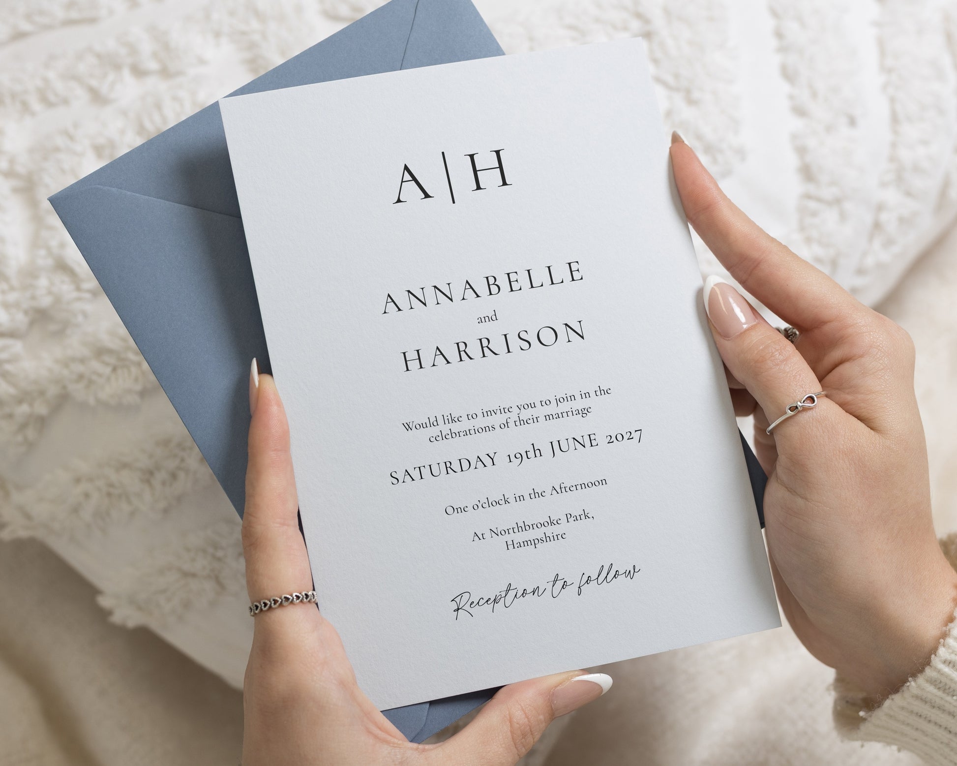 Light Blue Wedding Invitations with Blue Grey Envelopes, Minimalist Monogram Wedding Invites, Elegant Typography Invitation Suite