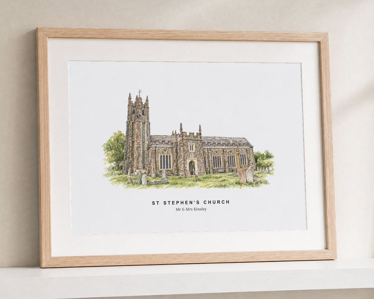Personalised Church Print, Wedding Venue Illustration, Custom Couple Wall Art, Wedding Gift, Anniversary Gift, Landscape Oak Framed Print